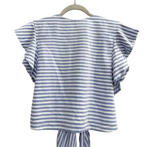 PAISIE Wrap Blue and White Striped Ruffle Sleeve Top Size 8
